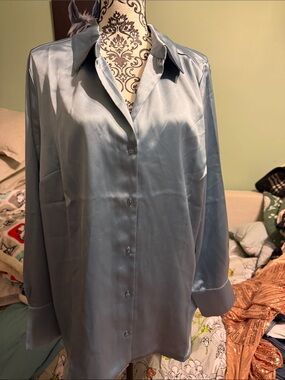 Women's Satin Button-Up Blouse in Light Blue
